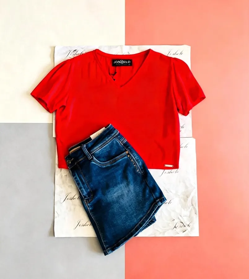Blusa roja y short de jean de Joshelo