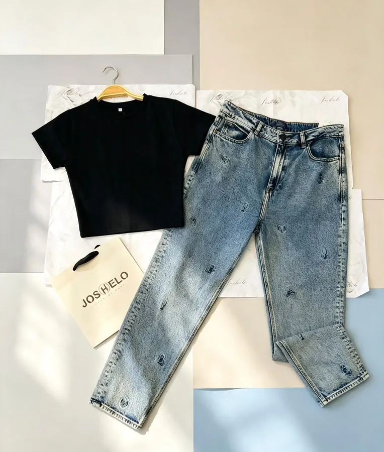 Camiseta negra corta y jean claro de dama