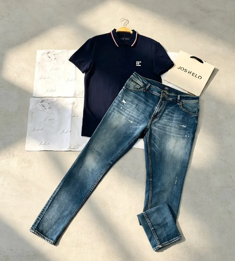 Polo azul oscuro y jean de caballero